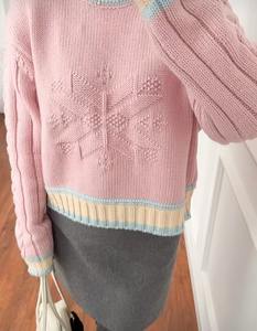 Wholesale Custom Women's Preppy Long Sleeve Crochet <b>Cable</b> Pullover Sweet Jacquard Print Front Logo Silk <b>Sweater</b> Top for Winter - Product Image 5