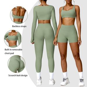 High Quality Sports Outfit Scrunch Leggings and <b>Bra</b> Long Sleeve Active Yoga Wear Workout Sportswear Gym Fitness Sets for Women - Product Image 2