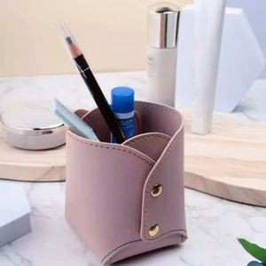 <b>Foldable</b> Handmade Embossed PU Leather Desktop Basket Makeup Brush Holder Organizer <b>Desk</b> Accessories Storage Pencil Pen Holder - Product Image 2