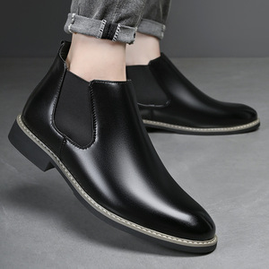 Bottes Chelsea pour hommes en cuir véritable, à bout rond, avec bande élastique, respirantes, tendance, décontractées - Product Image 4