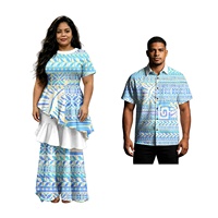 Tenues de couple créatives : Robe élégante à volants pour femme et chemise formelle pour homme, motif tribal, idéales pour les vacances, tenue de couple personnalisée et tendance.