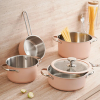 Koreanisches Haushalts-Kochgeschirr-Set aus Edelstahl, 4-teilig, antihaftbeschichtet, mit Doppelgriffen, Suppentopf, Dampfgarer, Milchtopf für Glasdeckel
