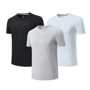 RUIQUWIN T-shirts de course à manches courtes pour hommes Offre Spéciale légers respirants hauts d'entraînement de sport col solide vêtements de Fitness - Product Image 3