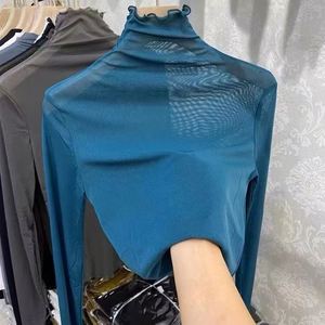 T-shirt sexy pour femme, haut transparent en maille à manches longues, coupe ajustée, <span class=keywords><strong>col</strong></span> <span class=keywords><strong>roulé</strong></span> uni, en soie, avec dentelle, style <span class=keywords><strong>crop</strong></span> <span class=keywords><strong>top</strong></span> - Product Image 6