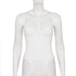 High Street Sexy V Neck Lace Trim Tank <b>Top</b> Sheer <b>Patchwork</b> Slim Fit Solid Color Cami <b>Top</b> - Product Image 6