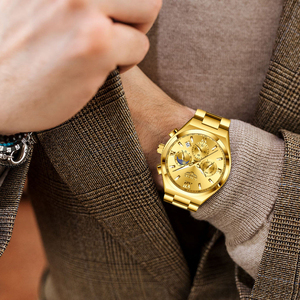 LIGE LG89196 Reloj cronógrafo de acero inoxidable para hombre Cara grande Tono dorado Fácil de leer Cuarzo analógico Números romanos Reloj de pulsera - Product Image 5