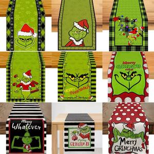 Christmas Decorations <b>Grinch</b> Linen Oil-resistant Cartoon Print Table Runner & Mat 33x183cm Eco-Friendly Factory Direct - Product Image 1