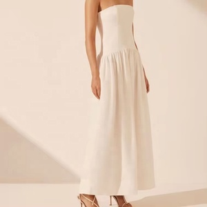 High Quality <strong>Linen</strong> Blend Fabric Dress Fitted With Panels Corset Strapless Women's Dress Pleated <strong>Maxi</strong> <strong>Skirts</strong> Side Pockets - Product Image 4