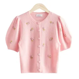 Cardigan personnalisé en tricot à manches lanternes rose pour femmes, nouveau, OEM, demi-manches, perles à paillettes, fleur, cousue à la main,