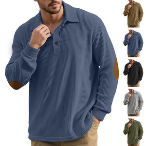 Polo à manches longues côtelé pour homme avec col boutonné et empiècements aux coudes pour un style décontracté en automne et en hiver - Product Image 1