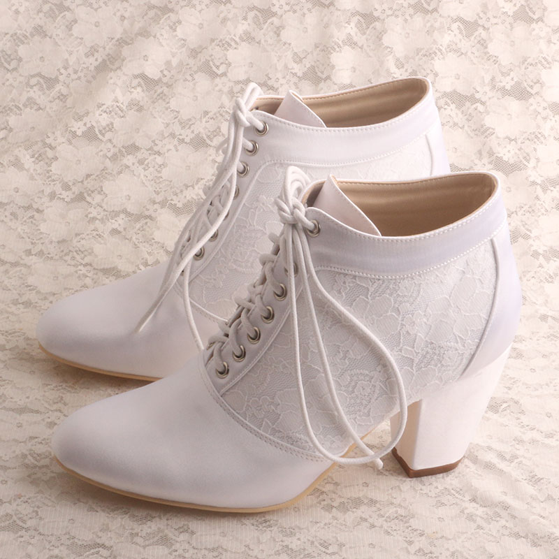 Branded Ladies White Lace Wedding Boots with Chunky Heel - Perfect Bridal Footwear for Autumn and Winter Events Branded Ladies White Lace Wedding Boots with Chunky Heel - Perfect Bridal Footwear for Autumn and Winter Events