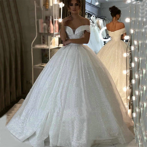 Off Shoulder Wedding Dress Ball Gown Sweetheart Neckline Starry Sky <b>Tulle</b> Radiant Taffeta Ivory <b>White</b> JM329 - Product Image 1