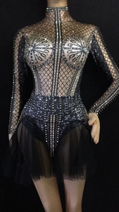 Moda siyah desen Rhinestones gece kulübü balo elbise kadınlar seksi dans Bodysuit sahne kostümleri Showgirl performans giyim