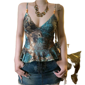 Retro Ethnic Print Breathable Short CAMIS Hemline-Type Sling Elegant Slightly Mature-Style V-neck Waist-Controlled Slimming Hot - Product Image 1