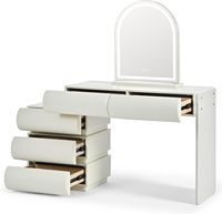 Coiffeuse moderne blanc crème avec miroir LED arqué, tiroirs incurvés en cuir souple et armoire latérale réglable pour chambre à coucher.