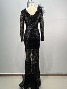 Schwarze Spitze Meerjungfrau Abendkleid Lange Ärmel Mit Feder Hoch Split Tief V-Ausschnitt <span class=keywords><strong>Prom</strong></span> Promi Party Kleid Vestidos - Product Image 6