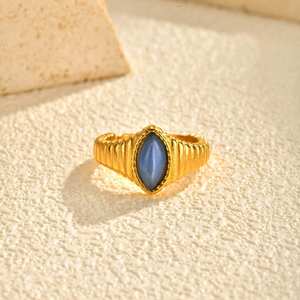 2025 European American Simple Women's Stainless Steel 18K Gold Plated Marquise Cat's Eye Stone <strong>Opal</strong> Band <strong>Ring</strong> - Product Image 3