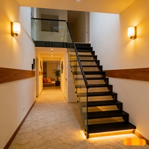 Escalera Flotante Interior de Lujo con Barandilla de Vidrio y Tira de Luces LED para Villa o Dúplex - Product Image 4
