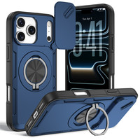 Étui hybride pour iPhone 17 16 15 Pro Max avec cache-caméra coulissant et support anneau métallique intégré