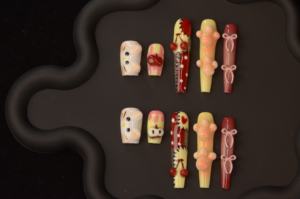 Lange Mandelförmige Aufklebenägel Maßgefertigte Herbst-ABS-Kunstnägel Vollständige Abdeckung Braune Französische Spitze Vorgeklebte Falsche Nageldesigns mit Glitzer - Product Image 2