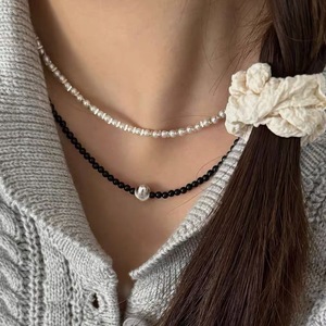 Collier en argent sterling S925 avec perles rouges, blanches et noires, imitation perle, forme de boule, chaîne claviculaire, bijoux tendance - Product Image 2