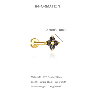 Boucles d'oreilles pendantes en argent S925 avec diamant et fleur à 5 pétales en quartz rutilé noir, filetées en or 1,2x6mm, bijoux de corps - Product Image 6