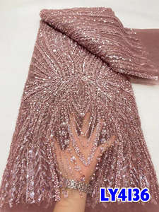 NI.AI Nouvelle conception de dentelle en filet perlée et à paillettes, robe de mariée bleue, tissu en dentelle perlée pour robe de soirée pour femmes - Product Image 5