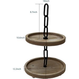 Plateau décoratif marron à deux niveaux Farmhouse Distressed-Support de plateau à plusieurs niveaux en bois élégant avec poignée en chaîne en métal-Service à 2 niveaux Tr - Product Image 1