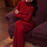 Nouvelle Robe Moulante Noire Élégante à Capuche et Col en V en Maille Mi-longue avec Fente Latérale pour Femme