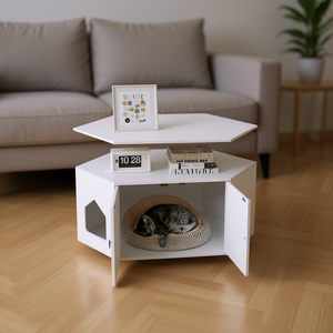 Meuble pour chat blanc polygonal avec accès à la litière, pour salon, mobilier pour animaux de compagnie - Product Image 2