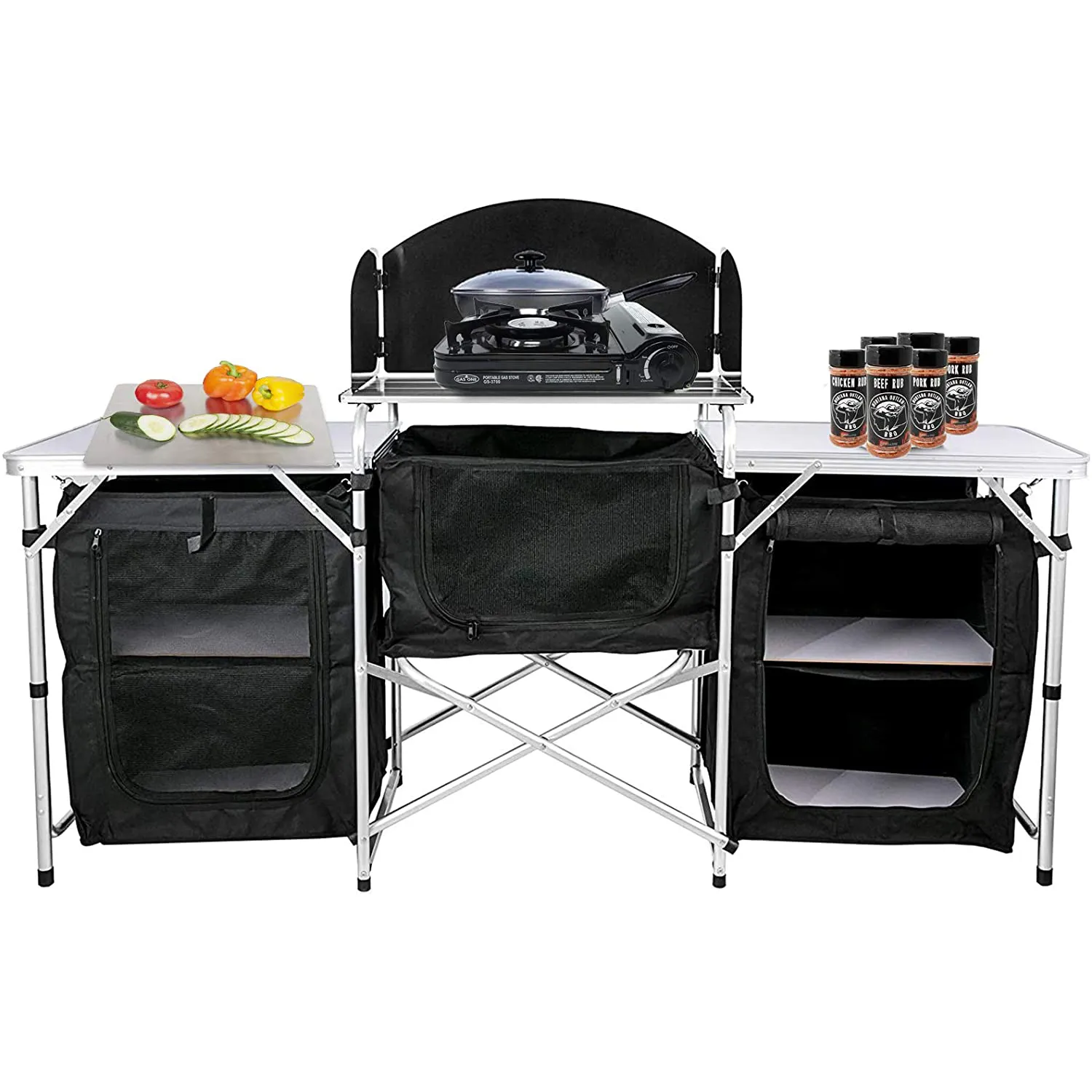 Portable Camping Outdoor Kitchen 2-Tier 2 Side Camping Kitchen Cook Table with 3 Zippered Bag