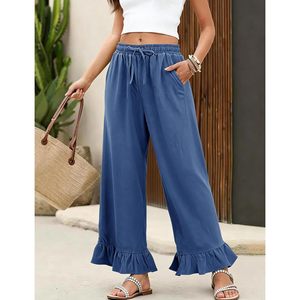 FOXA Womens Cotton Linen Palazzo Pants Wide Leg Ruffled Drawstring High Waist With Pockets Casual <b>Harem</b> Lounge <b>Trouser</b> - Product Image 2