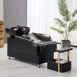 Fauteuil de lavage moderne pour salon de coiffure, unité de lavage à dossier inclinable, station de lavage des cheveux rembourrée avec structure métallique pour studio de beauté - Product Image 3