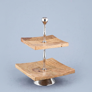 2-Tier Mango Wood and Aluminum Metal <b>Cupcake</b> <b>Stand</b> with Silver Color Home Wedding Party Dry Items Decoration Cake Tools - Product Image 1