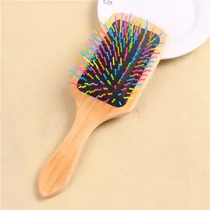 Sikat rambut panjang gagang kayu pin gelombang pelangi warna-warni sikat rambut panjang