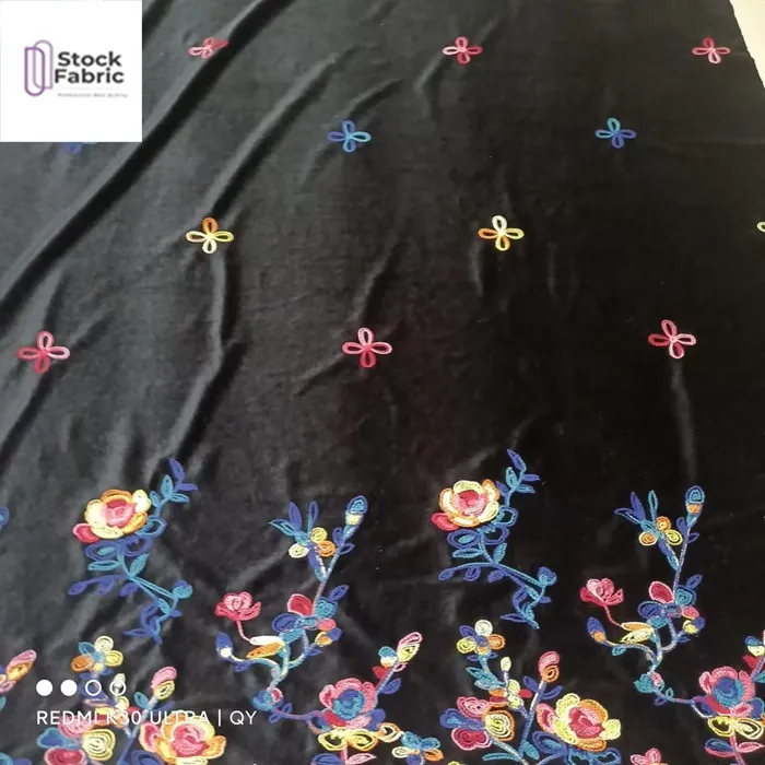 ポリエステル100% ニット韓国ベルベット刺繍在庫生地衣類用
