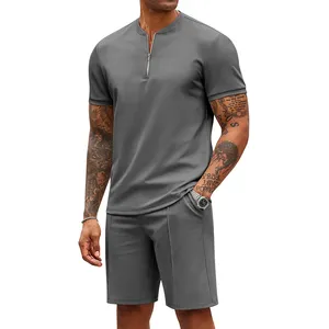 2-teiliger Polo-Trainingsanzug mit Halbverschluss individueller Herren zweiteilige Sportbekleidung OEM Sommer Reißverschluss-Trainingsanzug T-Shirt Shorts-Set für Herren