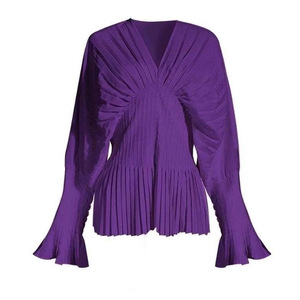 Nouveau modèle de chemisier pour femme à col en V, style corset, en tissu épais, à manches plissées évasées, taille haute, Design Gas Top Fall, Tendance - Product Image 6