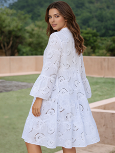 SWEET BABE ชุดเดรสผ้าฝ้ายลูกไม้สีขาวหรูหราสำหรับผู้หญิง |   ตัวเลือกไซส์พลัส |   เดรสทรงเอไลน์ปักลายตาไก่แบบไล่ระดับ - Product Image 2