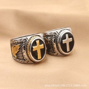 Men's Titanium Steel Cross <b>Ring</b> Retro Silver Inlay Gift Jewelry - Product Image 5