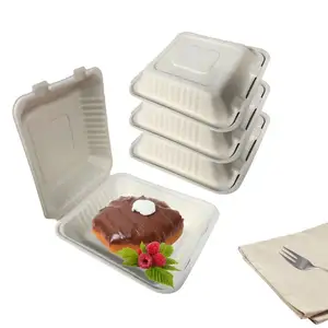 Muestra gratis 1500ml Reciclable Desechable Contenedor de alimentos para llevar Compostable Cuadrado Natural Clamshell Togo Caja de embalaje de alimentos