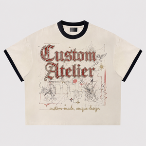 T-shirt graphique à col rond en coton épais coupe ample avec illustration vintage style streetwear personnalisé pour homme - Product Image 1
