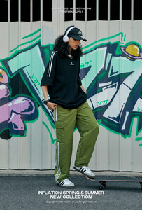 Vente en gros Pantalons de sport décontractés rétro de rue Nouveaux pantalons cargo amples à jambes larges à rayures latérales pour hommes - Product Image 5