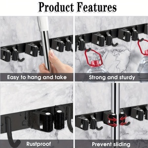 5 supports avec 4 crochets, porte-balais et porte-serpillères argenté, organisateur d'outils de <span class=keywords><strong>jardin</strong></span> et de cuisine, 4 supports, fixation murale - Product Image 5