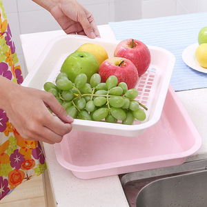 Rectangular Double Layer Plastic Fruit Tray L Size Stackable Kitchen Vegetable Drainer Mixed Color Packaging - Product Image 4