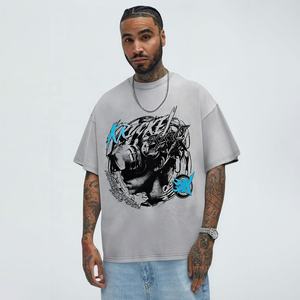 T-shirt rétro délavé à l'acide pour hommes de haute qualité 100% coton surdimensionné Hip Hop numérique imprimé hauts tricotés col roulé motif court - Product Image 1