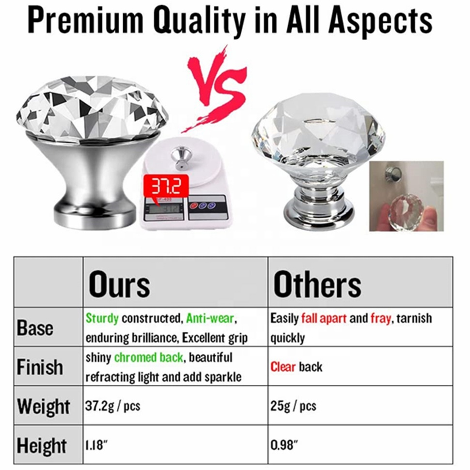 Crystal Glass Cabinet Knobs 30mm Diamond Shape Drawer Kitchen Dresser Cupboard Wardrobe Pulls Handles