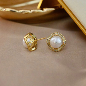 Boucles d'oreilles fines en argent S925, accessoires de bricolage, perles rondes de 11-12 mm, 21860 avec support vide, boucles d'oreilles en perles tendance - Product Image 3