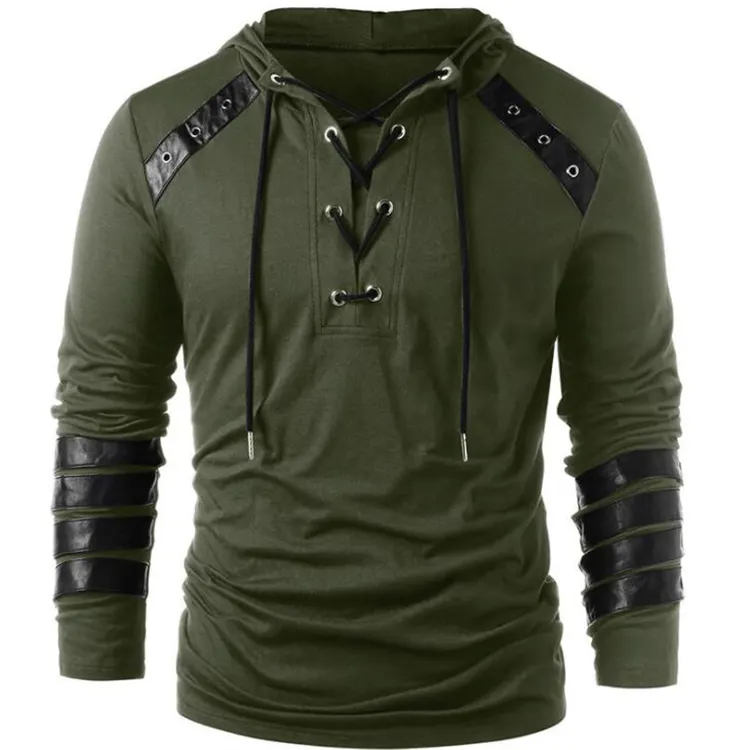 New Men T Shirts Casual Long Sleeve Green Tunic Clothing Fashion Solid Hooded T-Shirts Daily Vintage Tshirt