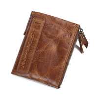Pabrik Grosir Dompet Lipat Tiga Vintage Pemblokir RFID Kulit Asli dengan Ritsleting Dompet Saku Koin